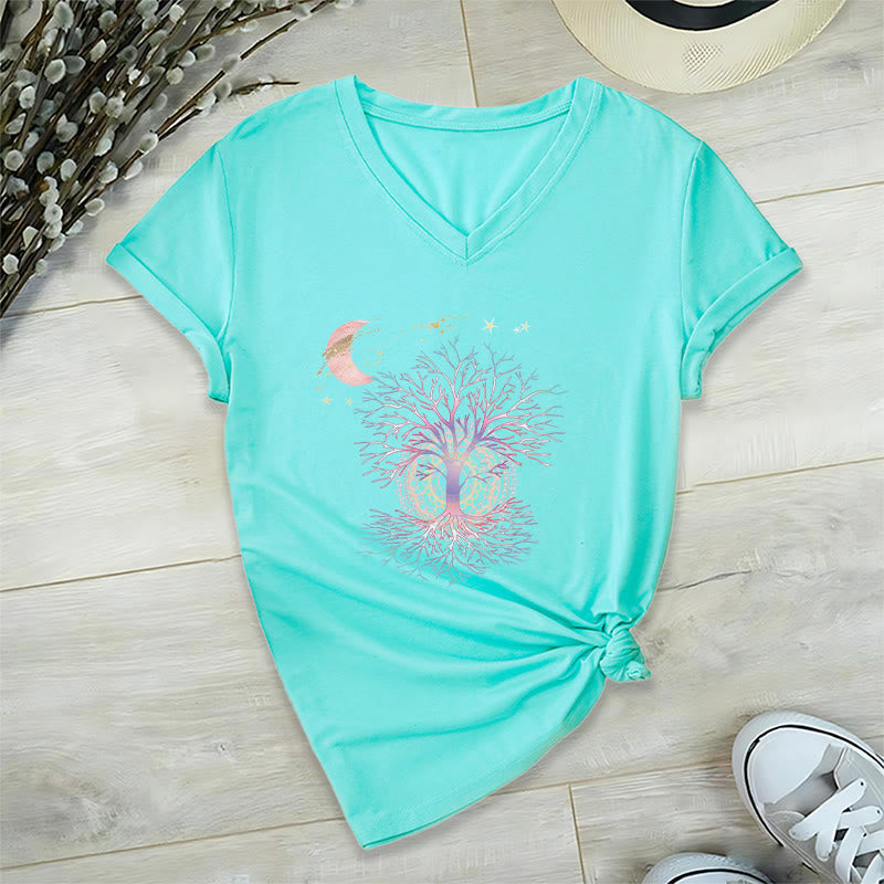 T-shirt da donna con scollo a V Olivenorma Boho con stampa luna crescente, stella, galassia e albero della vita. - Lago Blu - 2XL - image 12