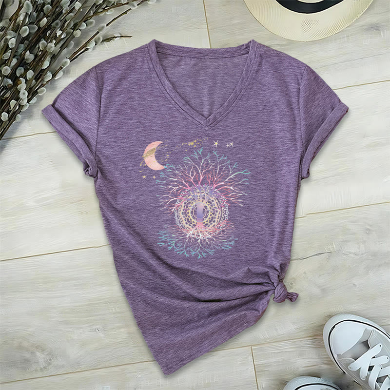 T-shirt da donna con scollo a V Olivenorma Boho con stampa luna crescente, stella, galassia e albero della vita. - Viola - 2XL - image 36