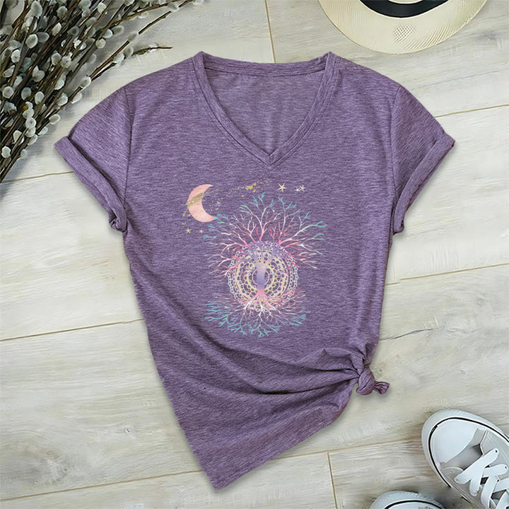 T-shirt da donna con scollo a V Olivenorma Boho con stampa luna crescente, stella, galassia e albero della vita. - Viola - 2XL - image 36