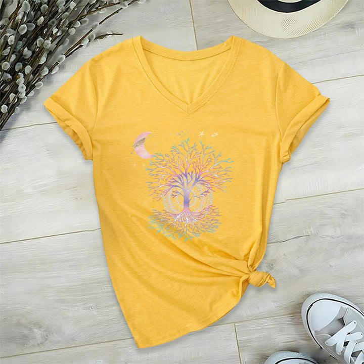 T-shirt da donna con scollo a V Olivenorma Boho con stampa luna crescente, stella, galassia e albero della vita. - Giallo - 2XL - image 30