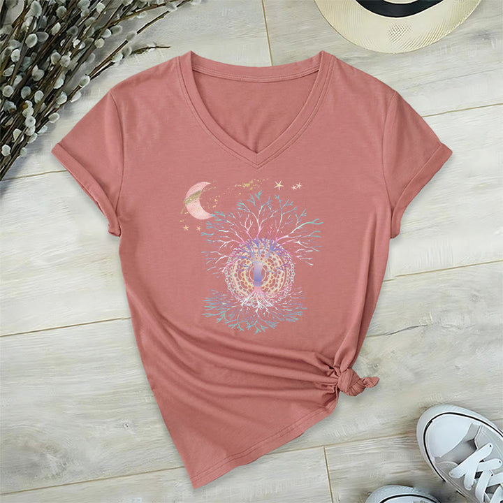 T-shirt da donna con scollo a V Olivenorma Boho con stampa luna crescente, stella, galassia e albero della vita. - Rosa - 2XL - image 9