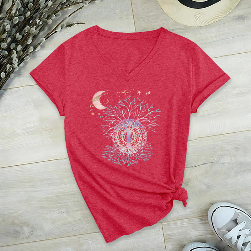 T-shirt da donna con scollo a V Olivenorma Boho con stampa luna crescente, stella, galassia e albero della vita. - Rosso - 2XL - image 27