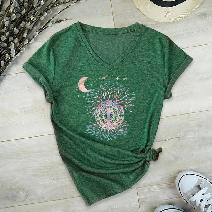 T-shirt da donna con scollo a V Olivenorma Boho con stampa luna crescente, stella, galassia e albero della vita. - Verde scuro - 2XL - image 24