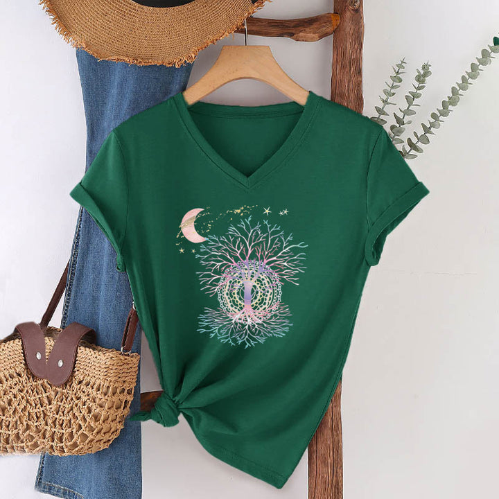 T-shirt da donna con scollo a V Olivenorma Boho con stampa luna crescente, stella, galassia e albero della vita. - image 25