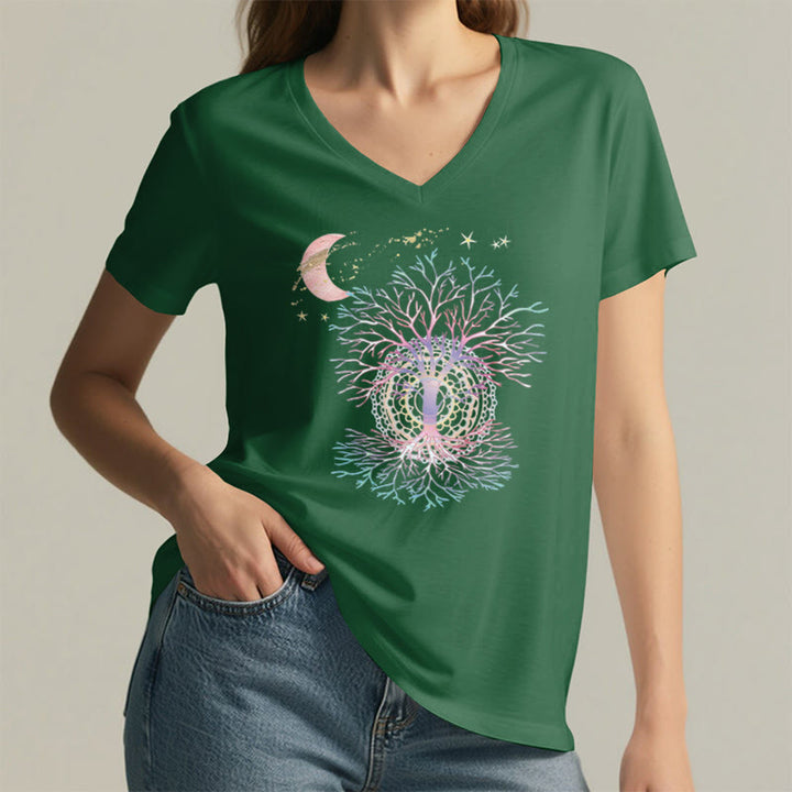 T-shirt da donna con scollo a V Olivenorma Boho con stampa luna crescente, stella, galassia e albero della vita. - image 26