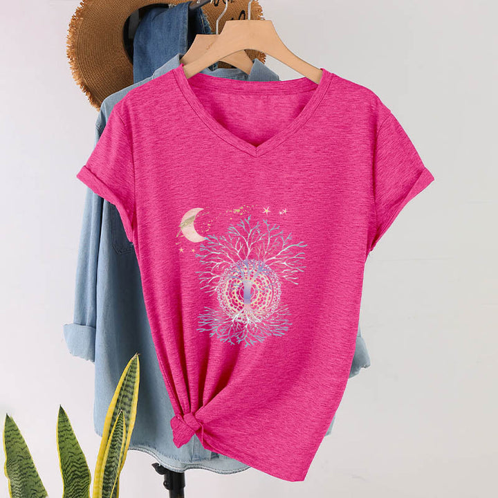 T-shirt da donna con scollo a V Olivenorma Boho con stampa luna crescente, stella, galassia e albero della vita. - image 34