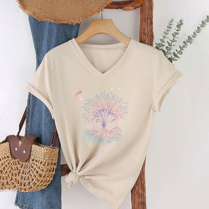 T-shirt da donna con scollo a V Olivenorma Boho con stampa luna crescente, stella, galassia e albero della vita. - image 7