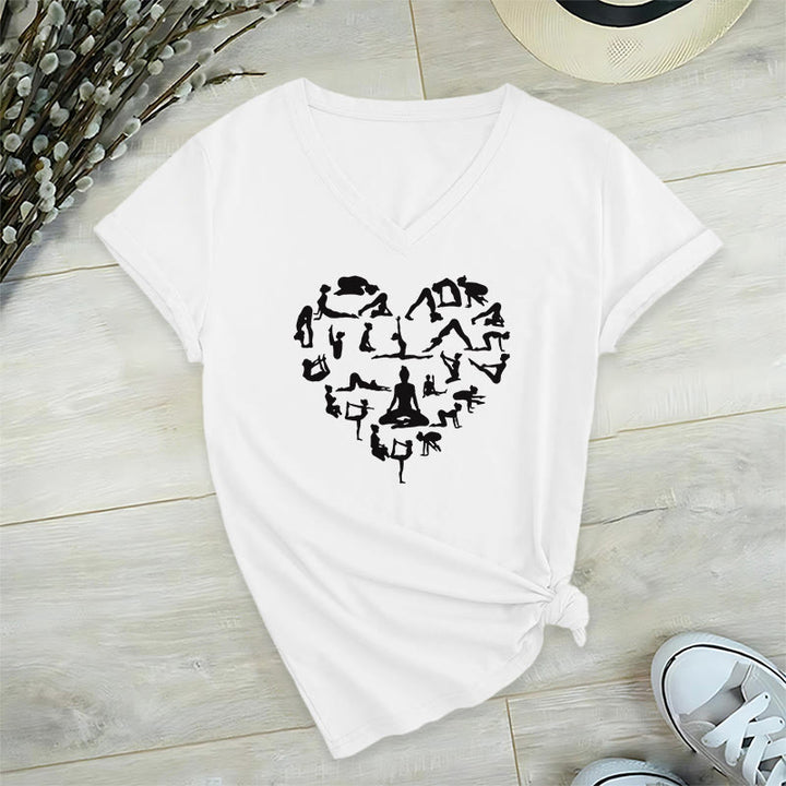 T-shirt da donna con scollo a V e grafica a forma di cuore Olivenorma con silhouette di tutte le posizioni yoga. - Bianco - 2XL - image 18