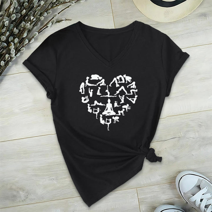 T-shirt da donna con scollo a V e grafica a forma di cuore Olivenorma con silhouette di tutte le posizioni yoga. - Nero - 2XL - image 12