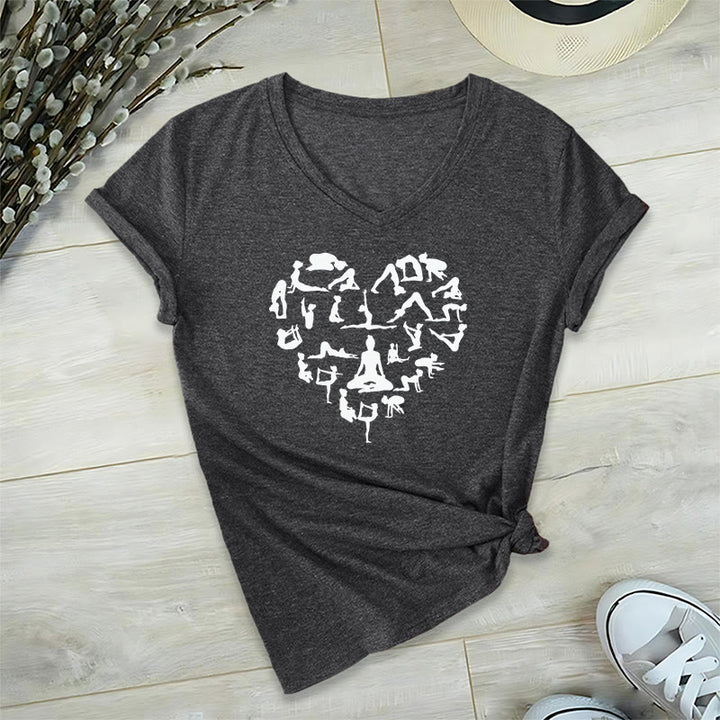T-shirt da donna con scollo a V e grafica a forma di cuore Olivenorma con silhouette di tutte le posizioni yoga. - Grigio - 2XL - image 15