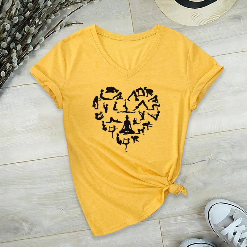 T-shirt da donna con scollo a V e grafica a forma di cuore Olivenorma con silhouette di tutte le posizioni yoga. - Giallo - 2XL - image 30