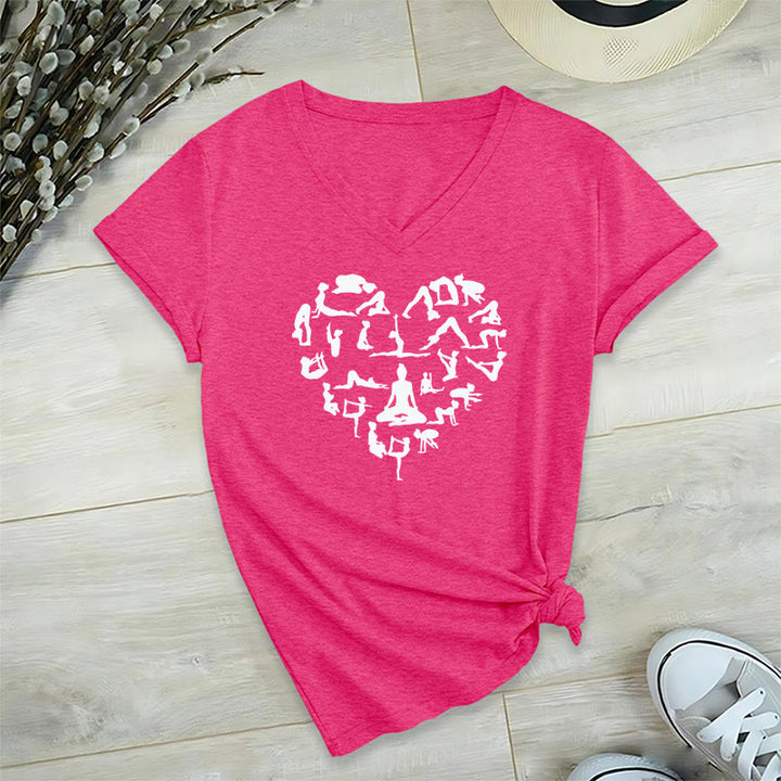 T-shirt da donna con scollo a V e grafica a forma di cuore Olivenorma con silhouette di tutte le posizioni yoga. - Rosso rosa - 2XL - image 33