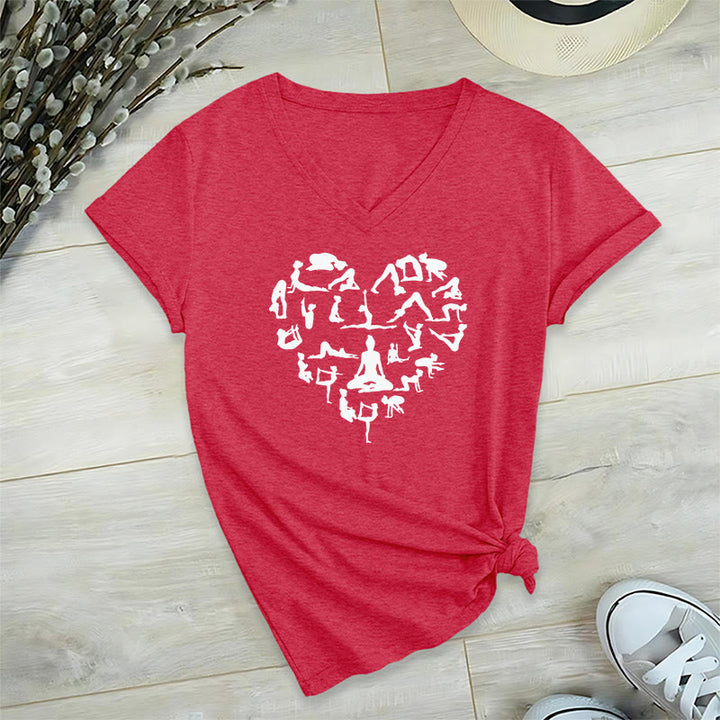 T-shirt da donna con scollo a V e grafica a forma di cuore Olivenorma con silhouette di tutte le posizioni yoga. - Rosso - 2XL - image 27