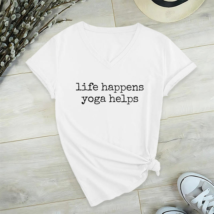 Olivenorma Life Happens Yoga Helps Funny Text Graphic Women's V Neck T-Shirt - Bianco - 2XL - image 18