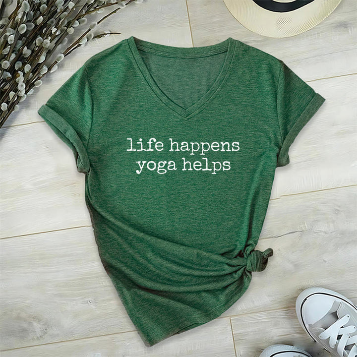 Olivenorma Life Happens Yoga Helps Funny Text Graphic Women's V Neck T-Shirt - Verde scuro - 2XL - image 24
