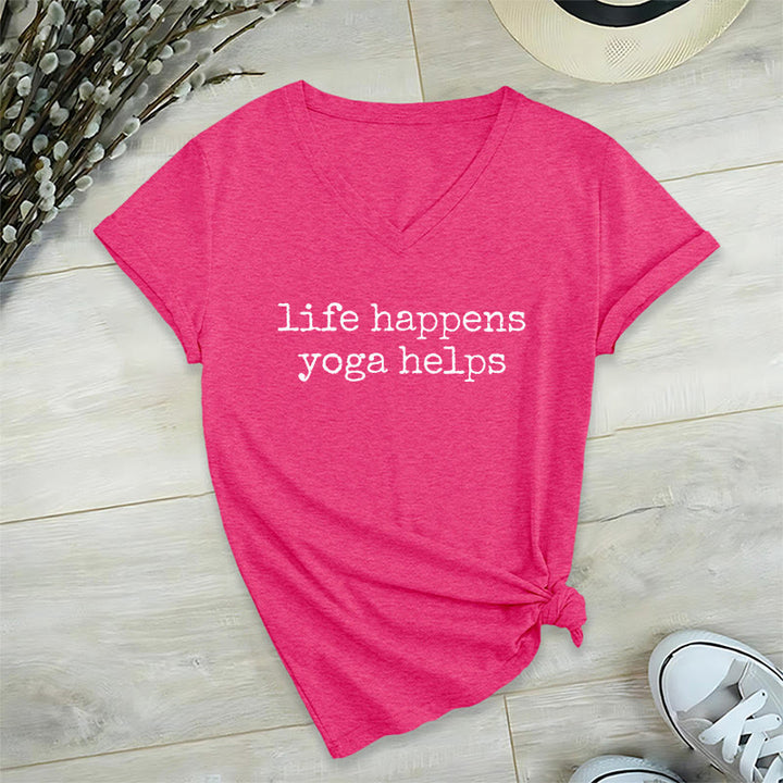 Olivenorma Life Happens Yoga Helps Funny Text Graphic Women's V Neck T-Shirt - Rosso rosa - 2XL - image 33