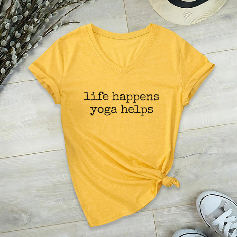 Olivenorma Life Happens Yoga Helps Funny Text Graphic Women's V Neck T-Shirt - Giallo - 2XL - image 30