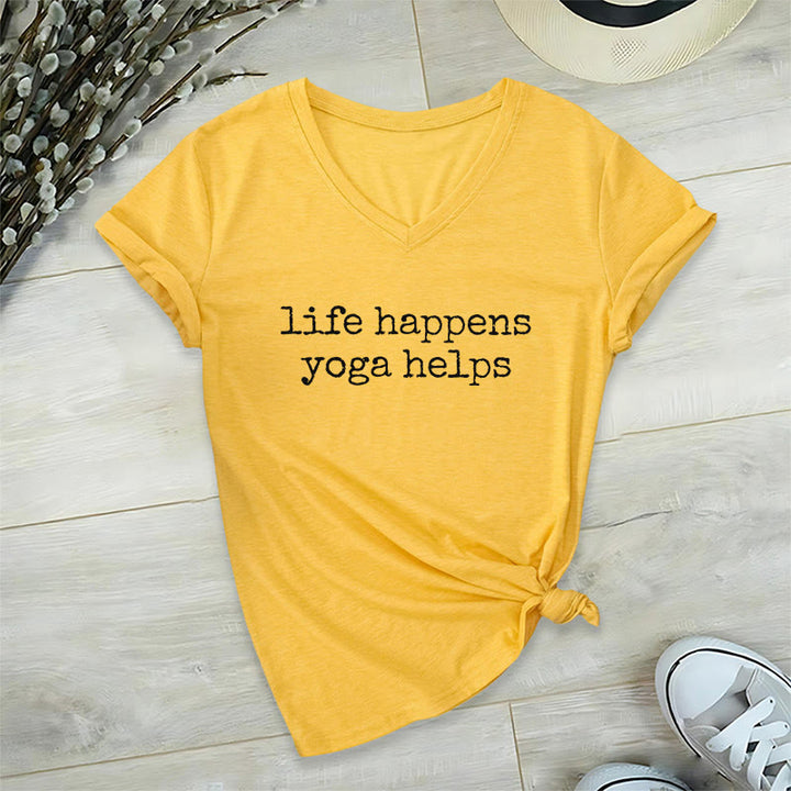 Olivenorma Life Happens Yoga Helps Funny Text Graphic Women's V Neck T-Shirt - Giallo - 2XL - image 30