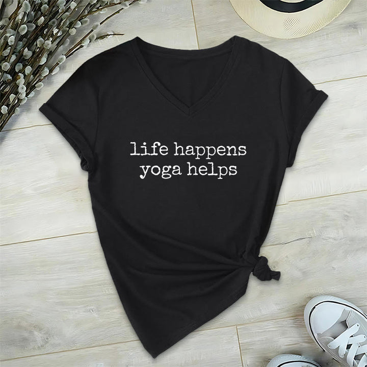 Olivenorma Life Happens Yoga Helps Funny Text Graphic Women's V Neck T-Shirt - Nero - 2XL - image 15