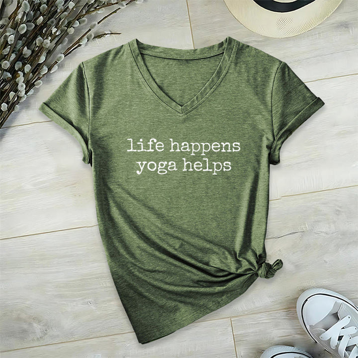 Olivenorma Life Happens Yoga Helps Funny Text Graphic Women's V Neck T-Shirt - Verde oliva - 2XL - image 3