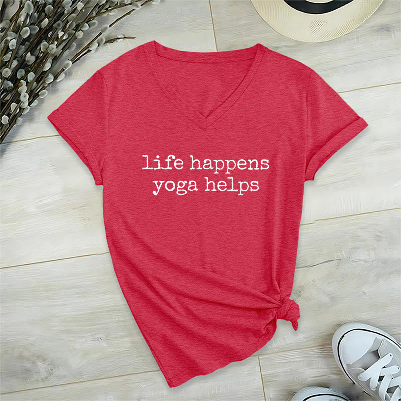 Olivenorma Life Happens Yoga Helps Funny Text Graphic Women's V Neck T-Shirt - Rosso - 2XL - image 27