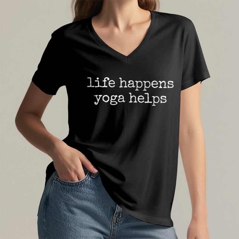 Olivenorma Life Happens Yoga Helps Funny Text Graphic Women's V Neck T-Shirt - image 17