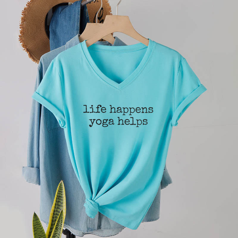 Olivenorma Life Happens Yoga Helps Funny Text Graphic Women's V Neck T-Shirt - image 13