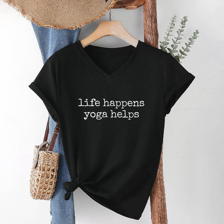 Olivenorma Life Happens Yoga Helps Funny Text Graphic Women's V Neck T-Shirt - image 16