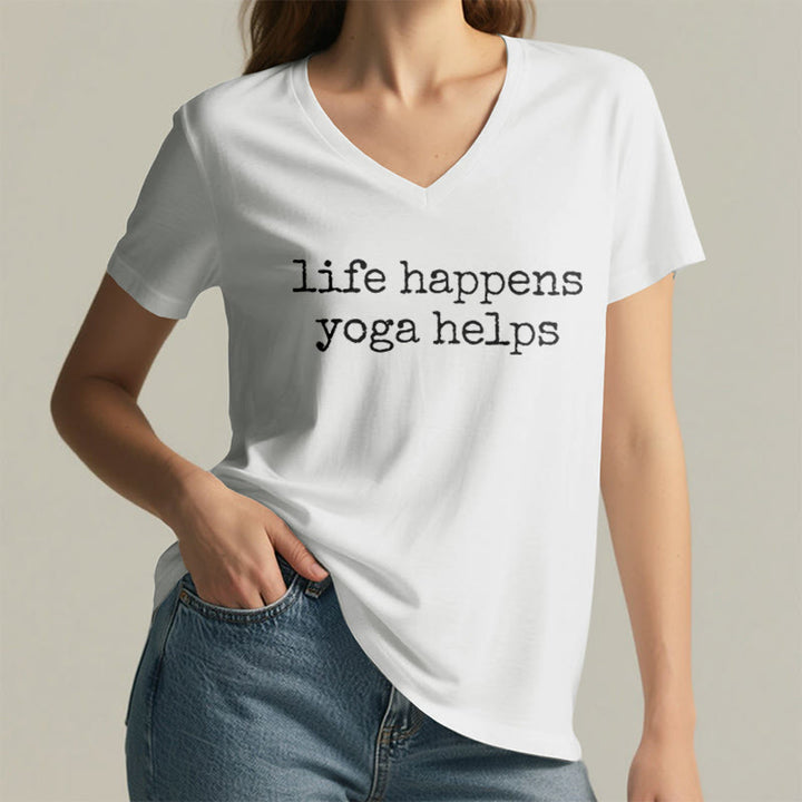 Olivenorma Life Happens Yoga Helps Funny Text Graphic Women's V Neck T-Shirt - image 20