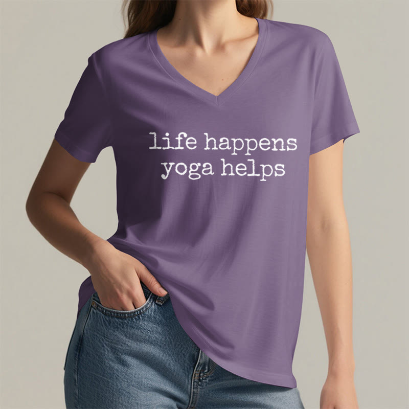 Olivenorma Life Happens Yoga Helps Funny Text Graphic Women's V Neck T-Shirt - image 38