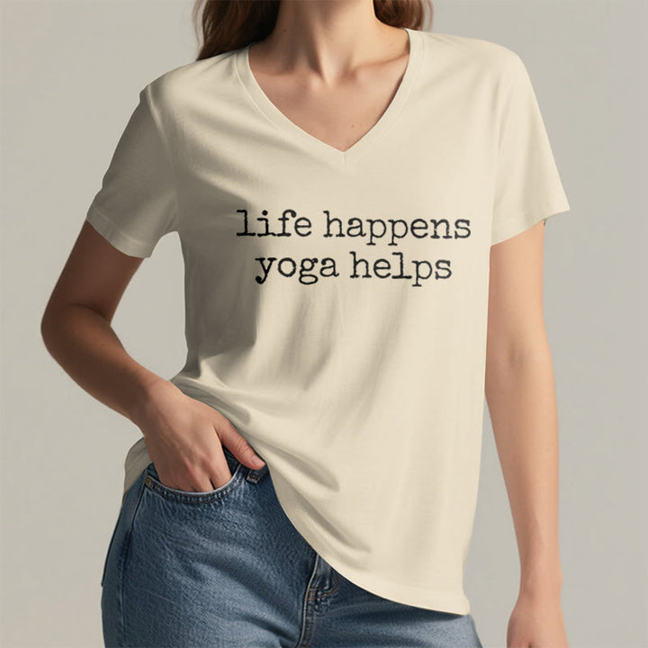 Olivenorma Life Happens Yoga Helps Funny Text Graphic Women's V Neck T-Shirt - image 8