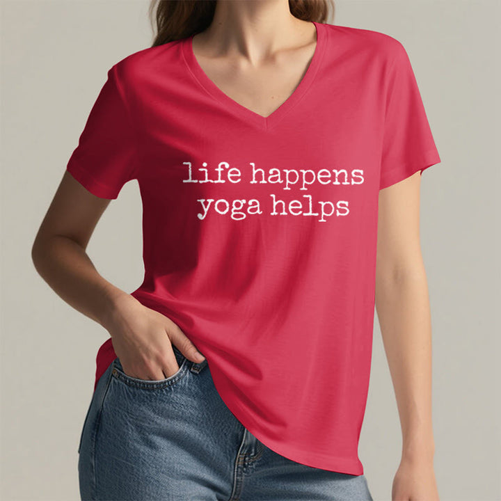 Olivenorma Life Happens Yoga Helps Funny Text Graphic Women's V Neck T-Shirt - image 29