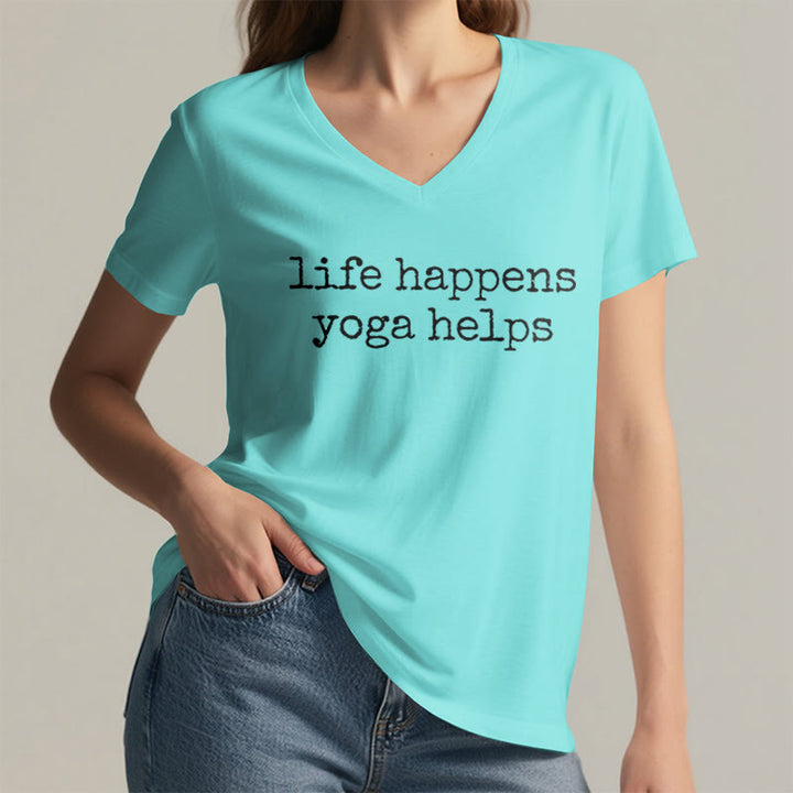 Olivenorma Life Happens Yoga Helps Funny Text Graphic Women's V Neck T-Shirt - image 14