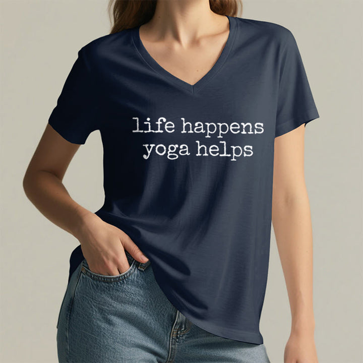 Olivenorma Life Happens Yoga Helps Funny Text Graphic Women's V Neck T-Shirt - image 23