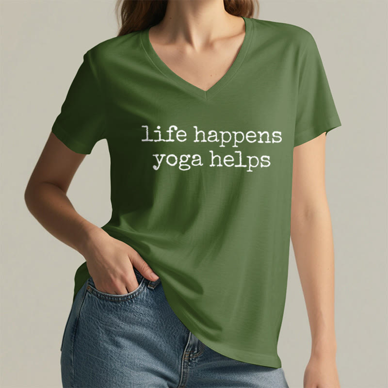 Olivenorma Life Happens Yoga Helps Funny Text Graphic Women's V Neck T-Shirt - image 5