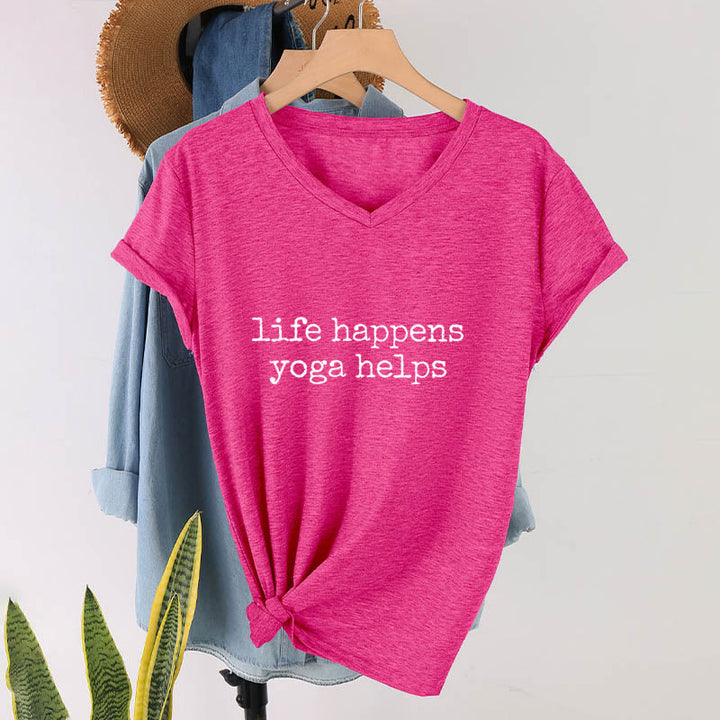Olivenorma Life Happens Yoga Helps Funny Text Graphic Women's V Neck T-Shirt - image 34