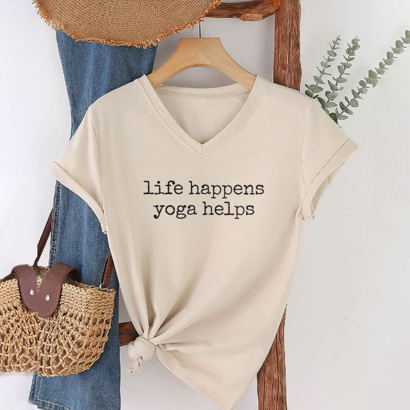 Olivenorma Life Happens Yoga Helps Funny Text Graphic Women's V Neck T-Shirt - image 7