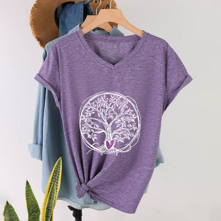T-shirt da donna con scollo a V e stampa grafica "Cerchio Cuore Radice Albero della Vita Boho" Olivenorma. - Viola - 2XL - image 36
