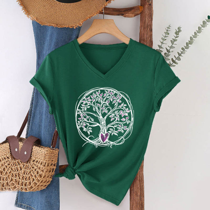 T-shirt da donna con scollo a V e stampa grafica "Cerchio Cuore Radice Albero della Vita Boho" Olivenorma. - Verde scuro - 2XL - image 24