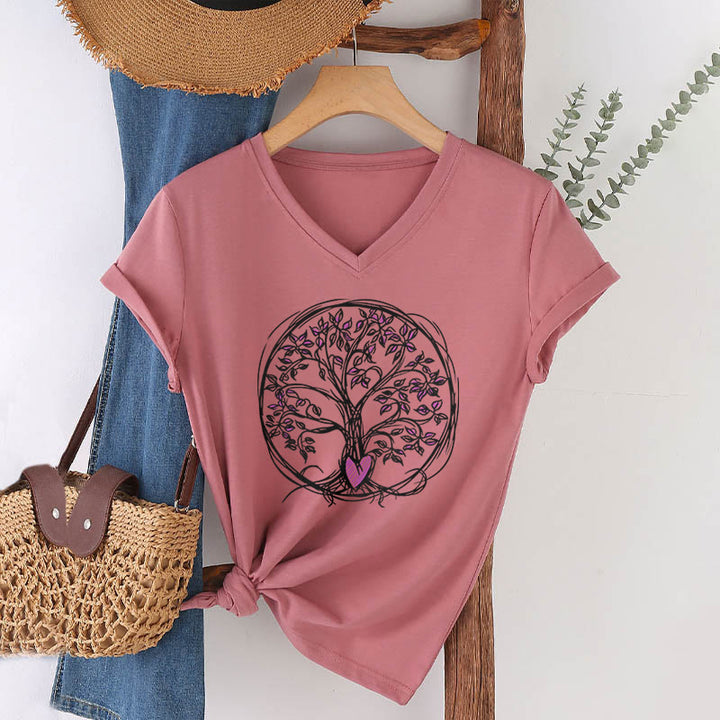 T-shirt da donna con scollo a V e stampa grafica "Cerchio Cuore Radice Albero della Vita Boho" Olivenorma. - Rosa - 2XL - image 6
