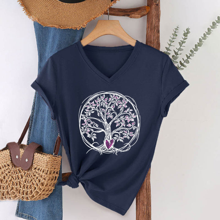 T-shirt da donna con scollo a V e stampa grafica "Cerchio Cuore Radice Albero della Vita Boho" Olivenorma. - Blu navy - 2XL - image 21
