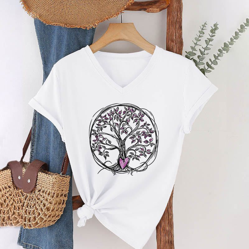 T-shirt da donna con scollo a V e stampa grafica "Cerchio Cuore Radice Albero della Vita Boho" Olivenorma. - Bianco - 2XL - image 18