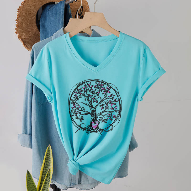 T-shirt da donna con scollo a V e stampa grafica "Cerchio Cuore Radice Albero della Vita Boho" Olivenorma. - Lago Blu - 2XL - image 9
