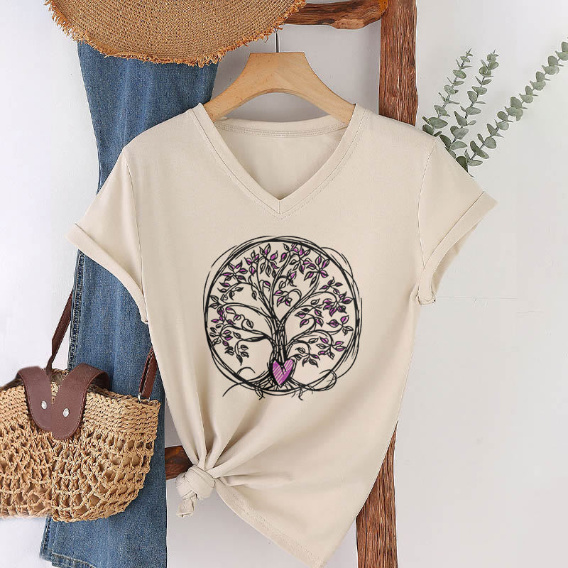 T-shirt da donna con scollo a V e stampa grafica "Cerchio Cuore Radice Albero della Vita Boho" Olivenorma. - Cachi - 2XL - image 3