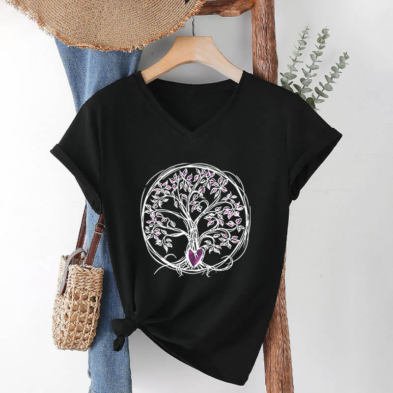 T-shirt da donna con scollo a V e stampa grafica "Cerchio Cuore Radice Albero della Vita Boho" Olivenorma. - Nero - 2XL - image 12