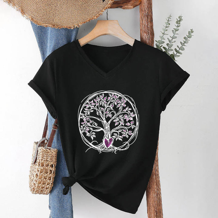 T-shirt da donna con scollo a V e stampa grafica "Cerchio Cuore Radice Albero della Vita Boho" Olivenorma. - Nero - 2XL - image 12
