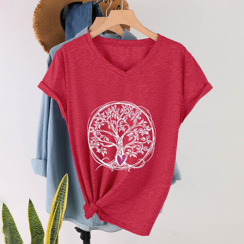 T-shirt da donna con scollo a V e stampa grafica "Cerchio Cuore Radice Albero della Vita Boho" Olivenorma. - Rosso - 2XL - image 27