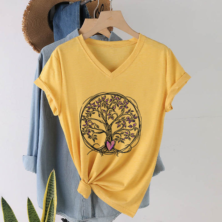 T-shirt da donna con scollo a V e stampa grafica "Cerchio Cuore Radice Albero della Vita Boho" Olivenorma. - Giallo - 2XL - image 30