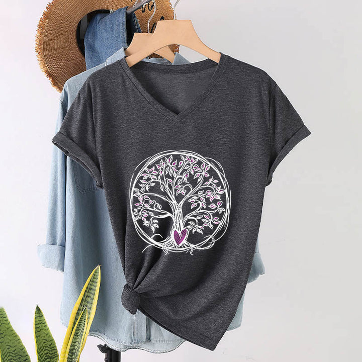 T-shirt da donna con scollo a V e stampa grafica "Cerchio Cuore Radice Albero della Vita Boho" Olivenorma. - Grigio - 2XL - image 15