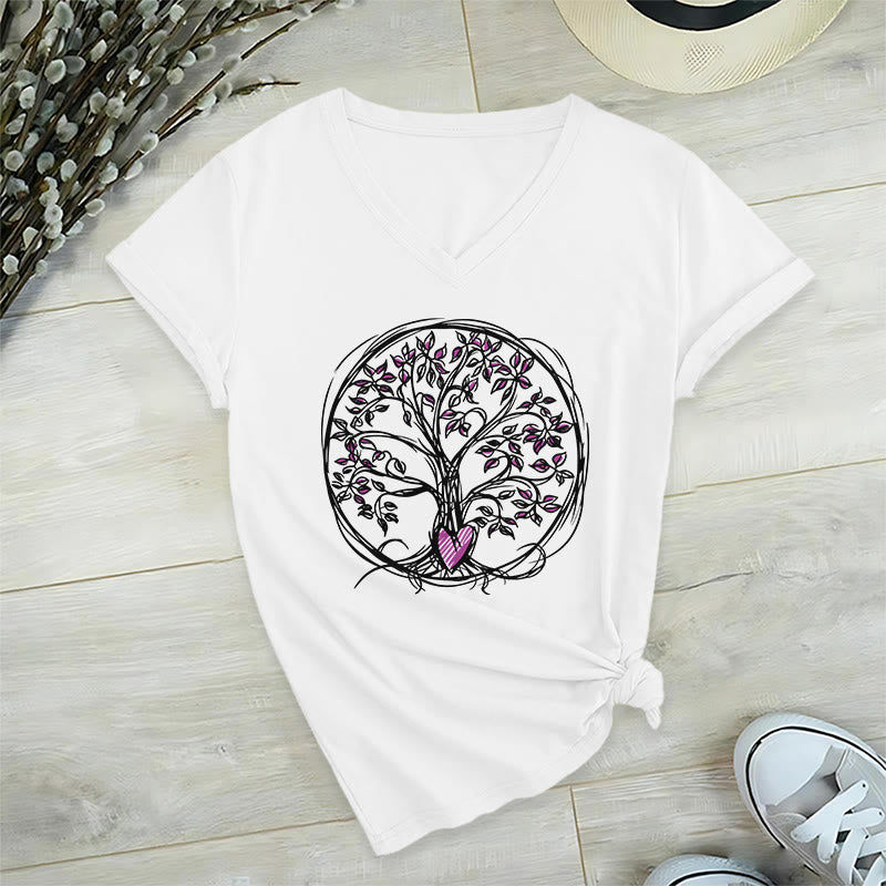 T-shirt da donna con scollo a V e stampa grafica "Cerchio Cuore Radice Albero della Vita Boho" Olivenorma. - image 19